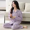 Pijama de Algodón de Aire de Invierno por Capas para Mujer, Manga Larga, Pantalón Largo, Cárdigan con Solapa, Engrosado, Ropa de Casa Cálida, Se Puede Usar Afuera, Conjunto