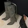 Botas Altas de Punta Fina Estilo Europeo y Americano First Encounter Season para Mujer, Otoño e Invierno, con Hebilla de Cinturón, Versátiles, de Tacón Alto, Hasta la Rodilla, Tipo Monta