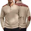 Sudadera de punto jacquard texturizada estilo americano para hombre con cuello camisero, patchwork en hombros y mangas, y mangas largas holgadas
