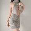 Lingerie Sexy com Design Vazado, Revelando o Peito, Roupa de Dormir sem Costas, Suéter Sedutor de Gola Alta, Vestido Mini Bodycon Apaixonado Estilo Japonês