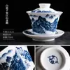Xícara de Chá Coberta Azul e Branca Conjunto de Chá Kung Fu Tigela de Chá Sancai Cerâmica Doméstica Bule Grande Pintado à Mão Suspenso