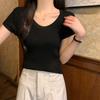 Toma Real de Verano 2025 Estilo Coreano Elegante Cuello en U Aspecto Adelgazante Simple y Versátil 6 Tejido de Lana Camiseta de Manga Corta Top para Mujer