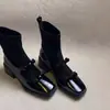 Botas Elásticas Adelgazantes de Cuero Patentado Patchwork Nuevas Otoño/Invierno 2026 para Mujer Punta Cuadrada Tacón Grueso Moño Temperamento Adelgazante Zapatos de Moda