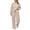 Conjunto de dos piezas de punto para mujer, transfronterizo europeo y americano, 2026: Conjunto de Sudadera con Top de Manga Larga y Pantalones Casuales de Pierna Ancha con Bolsillos