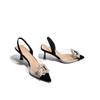 Verão nova moda strass fivela quadrada transparente com costura pontiaguda Baotou salto fino sandálias de salto alto sapatos femininos atacado