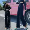 Calça jeans feminina de cintura alta para emagrecer, perna larga, solta e casual, estilo coreano, preta, versátil, adequada para estudantes, calça dad de perna reta