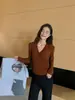 Yuanxi - Suéter de punto minimalista estilo coreano para otoño, con pliegues, entallado a la cintura, ajuste slim, cuello en V cruzado, manga larga, para mujer 269102