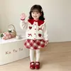 Conjunto Infantil Estilo Coreano Cardigã de Tricô com Gola Baby Doll Suéter de Coração Outono Inverno Saia Xadrez Conjunto de Duas Peças