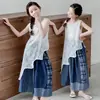 Conjunto de Blusa Irregular y Jeans para Niñas 2026 Verano Vestido Camiseta sin Mangas Bordado con Pantalones Anchos de Nueve Puntos Color Block