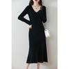 100 Suéter de Lã Completo Vestido de Malha Feminino Slim-Fit Base Interna Camisa Longa Quente com Decote em V