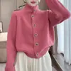 Estilo Coreano Primavera & Outono Novo Design Mangas Raglã Macio Sedoso Gola Alta Botão Único Suéter Top Cardigan Jaqueta Tricotada para Mulheres