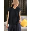 Camisa de Mujer Vintage de Cuello Mao de Algodón 100% de Manga Corta en Stock con Patchwork Tridimensional Jersey Camisa de Color Sólido para Verano