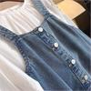 Ropa Infantil 2025 Primavera Nuevo Estilo Niños Medianos y Grandes Camisa Artística de Cuello Redondo con Mangas Abullonadas y Falda con Tirantes de Mezclilla Conjunto de Dos Piezas