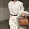 Camisa de Cetim Feminina Coreana de Alta Qualidade Dongdaemun Gola Alta Design de Laço com Fita Plissada Modelagem Slim Manga Longa
