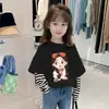 G2301# camiseta de algodão de manga comprida para meninas, estilo duas peças falsas, novo estilo estrangeiro, casaco de outono infantil, primavera e outono de bebê, moda infantil