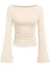 Camiseta Base de Color Liso Adelgazante con Cintura Ceñida, Manga Larga, Estilo Europeo y Americano Chica Picante, de Un Hombro con Manga Acampanada, Larga, para Mujer, Nuevo Estilo 26