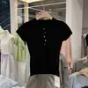 Playera de Punto de Manga Corta con Cuello en V y Botones Coloridos para Mujer Verano 2025 Nuevo Estilo Corto Sexy Look Adelgazante Top