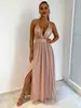 Moda Europea y Americana Transfronteriza Verano Nuevo Sexy Tirantes Malla Lentejuelas Puntada Abertura Dobladillo Amplio Vestido Vestido de Noche