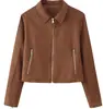 Moda europea y americana transfronteriza para mujer, bestseller de AliExpress, chaqueta corta estilo francés con solapa y cremallera, marrón oscuro, otros colores disponibles