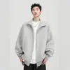 Chamarra de peso pesado con cuello alto de 400 g para hombre, otoño e invierno, estilo americano, corte holgado, de alta gama, versátil, con cremallera, sudadera tipo cárdigan gris