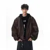 Chaqueta de Cuero Sintético Doble Pieza Estilo Retro Americano Bomber Tie-dye con Capucha Estilo Granja Piloto Superior para Hombre