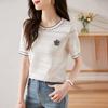 Playera de Punto de Manga Corta con Flor Estéreo Blanca para Mujer 2024 Verano Nuevo Diseño Nicho Estilo Corto Top