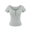 Camiseta de manga corta con cuello en V abotonado para mujer, para verano, entallada a la cintura, ajustada, petite, estilo puro y deseable, corte slim, corta, top versátil