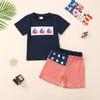 2025 Novo Verão Transfronteiriço Europeu e Americano Roupa para Bebê Menino Dia da Independência Respirável Gola Redonda Manga Curta Camiseta Shorts Listrados Conjunto