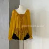 Conjunto de dos piezas Ruoxin de principios de otoño, nuevo, estilo francés, elaborado, con volantes, cuello cuadrado, de atar, manga larga, con sujetador y camisola incorporados
