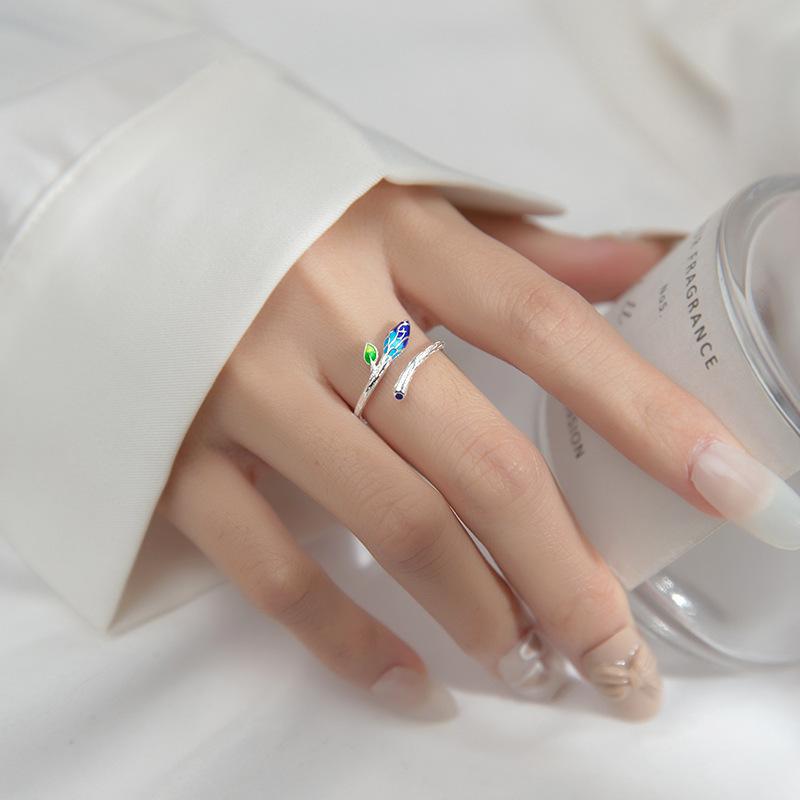 S925灵动树叶戒指女韩版小清新简约森系开口枝叶食指戒指三色