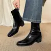 Botas Femininas 2025 Novas Botas Chelsea de Salto Grosso com Bico Quadrado Couro Genuíno Super Macias Botas Emagrecedoras Botas Curtas Retrô