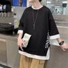 Camiseta de manga curta masculina verão estilo Hong Kong falsa de duas peças camiseta marca da moda ins versátil estampada meia manga solta casual top