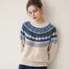 Suéter de Lana Tejido Fair Isle Vintage para Mujer, Cuello Redondo, Estilo Étnico, Corte Holgado, Casual, Prenda Base para Otoño/Invierno