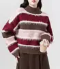 Traje de Moda Coreana de Inverno Feminino 2024 Novo Suéter de Contraste Colorido com Listras de Temperamento