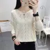 Camisa Delgada Calada 2023 Primavera y Otoño Nueva Coreana Holgada Cuello en V Suéter Pulóver para Mujer Color Sólido Camisa Base de Punto