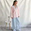 Otoño Invierno 2026 Nuevo Transfronterizo Europeo y Americano Bloqueo de Color Azul y Rosa Algodón Puro Holgado Manga Larga Pantalón Largo Conjunto de Ropa para el Hogar Pijama Mujer