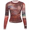 Europeo y Americano 2024 Invierno Nuevo Mujer Distintivo Calle Cuello Medio-alto Manga Larga Malla Estampado Abstracto Ajustado Camiseta