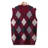 Chaleco de lana con cuello en V para otoño e invierno, chaleco de punto grueso sin mangas para hombre con patrón de rombos, se usa debajo de un suéter de jacquard, chaleco de hombre