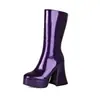 Botas altas de charol para mujer transfronterizas con suelas gruesas, tacones gruesos, tacones ultraltos, cremalleras laterales, botas de caña alta, botas de jinete, botas Martin de caña alta para mujer