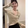 Suéter de punto con cuello polo para mujer para otoño e invierno, engrosado, cuello en V de deseo puro, manga larga, que revela la clavícula, top ajustado