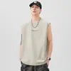 Verão Novo 260g Regata Pesada Masculina Gola Redonda Solta Sem Mangas Camiseta Versátil Fina Fitness Esporte Top Moderno