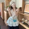Traje casual e delicado: vestido regata com acabamento em renda, vestido suspensório branco fresco de manga comprida soltinho feminino para primavera