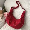 Bolsa transversal com novas flores pequenas e laço, design plissado, para estudantes universitárias, bolsa de ombro única de alta qualidade
