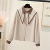 2026 Nueva Blusa Elegante de Estilo Francés con Ribete de Color Contrastante, Cuello Puntiagudo, de un Solo Botón, Holgada, con Manga Abullonada para Mujer