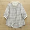 Camisa de Manga Corta a Cuadros Fresca y Sencilla para Mujer 2025 Verano Hilo de Algodón Top Cárdigan de Manga Tres Cuartos