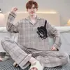 Conjunto de Pijama de Manga Longa e Calça Longa 100% Algodão Primavera e Outono Novo Conjunto Solto para Casa e Uso Casual Tamanho Plus
