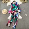 Conjunto de Dos Piezas de Camisa de Manga Larga de Botones Sencillos para Mujer con Pantalones de Pierna Ancha Estampados Tie-Dye Adelgazantes de Cintura Alta, Perfecto para un Look Divertido de Verano