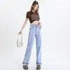 Calça Jeans Reta Estreita Forrada com Lã Feminina Outono e Inverno Retro Cintura Alta Emagrecedora Perna Larga Ligeiramente Grossa com Cobertura de Quadril