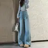 Calça jeans gestante azul de cintura alta, perna larga, modelagem solta, para mulheres, adequada para outono e inverno, nova calça longa casual 2026, plus size, emagrecedora