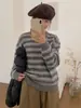 Suéter de Tricô Color Block Listrado Estilo Preguiçoso Coreano Du Xiaozhai para Mulheres, Novo Suéter de Manga Longa Solto Emagrecedor Outono e Inverno
